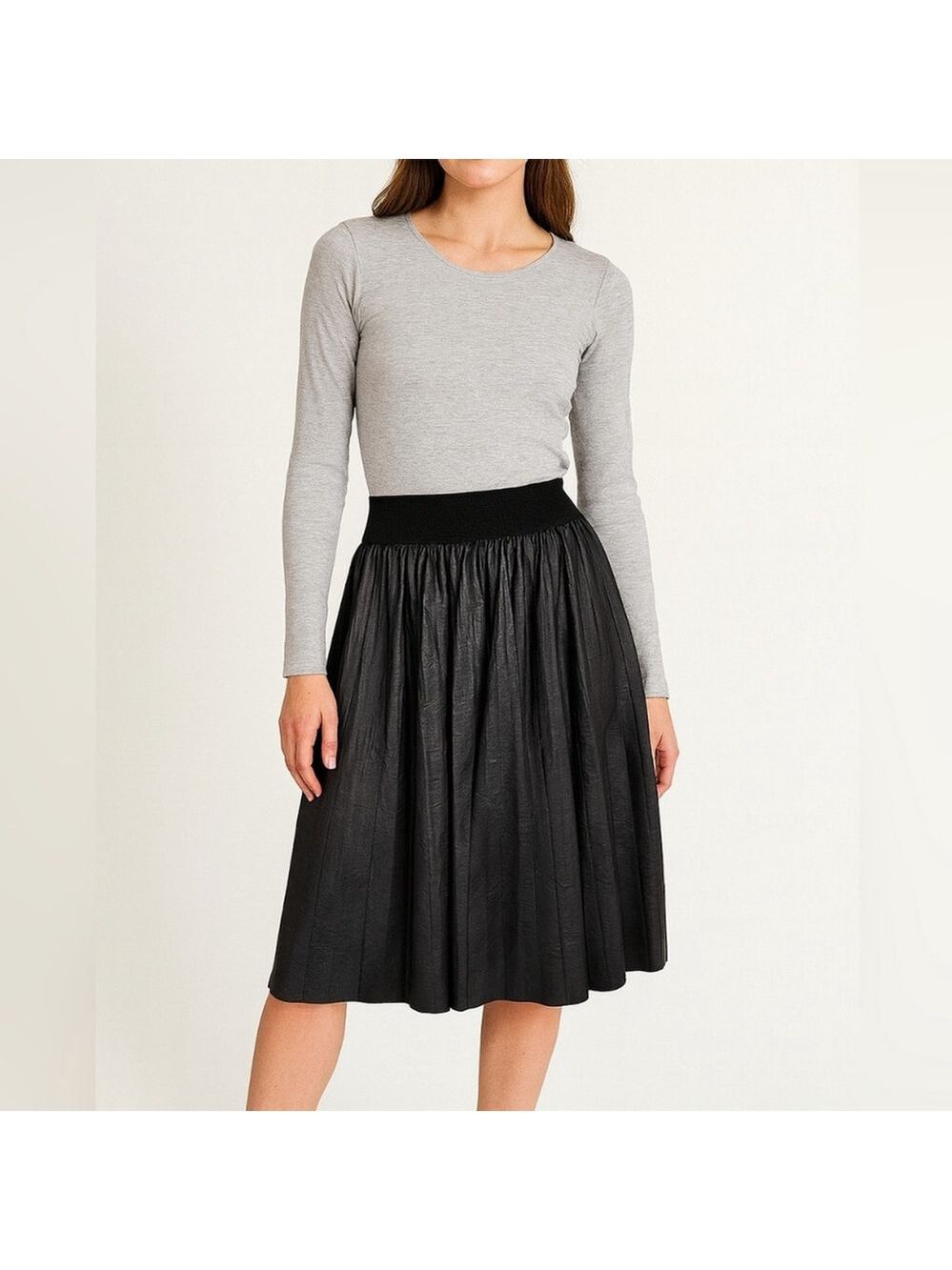 Eternelle Aislyn Faux Leather Black Pleated Midi Skirt Small